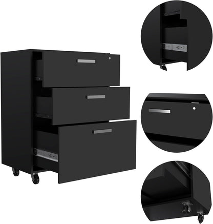 3 Drawers Storage Cabinet with Casters Lions Office, Black Wengue Finish
