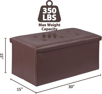 SUPER DEAL 30 inch Storage Ottoman, Faux Leather Folding Ottoman Bench, Padded Footrest, Entryway Seating Bench for Bedroom Living Room Entryway, Holds up to 660 lb, Brown