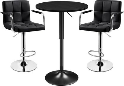 Yaheetech 3-Piece Bar Table and Stools, PU Leather Full Black | Round Pub Table and Chairs Set with MDF Tabletop and Stainless Steel Stand，Adjustable 360° Swivel for Kitchen Study