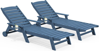 SERWALL HDPE Outdoor Lounge Chair Set of 2 with Cup Holder, Blue