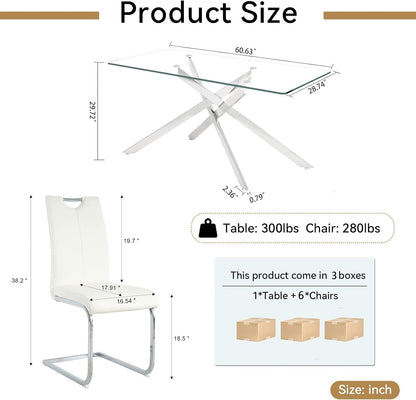 Henf 7 Piece Glass Dining Table Set for 6, 61" Modern Silver Kitchen Table and Chairs for 6, Rectangle Dining Room Table Set with 6 White Faux Leather Chairs for Small Space,Home, Apartment