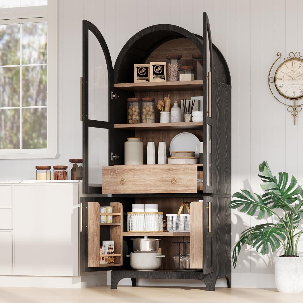 71" Tall Arched Kitchen Pantry Cabinet with Door Shelves, Farmhouse Kitchen Storage Cabinet with Open & Adjustable Shelves, Hidden Drawer & Glass Door, Cupboard for Kitchen, Dining Room, Black