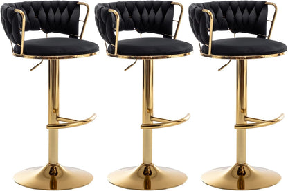 Riknuxi Velvet Bar Stools Set of 3, Counter Height Barstools with Low Back, Gold Swivel Bar Stool for Kitchen Island, Pub (Black)