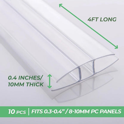 Polycarbonate Greenhouse Panels Connectors - 0.4" Thick, Fit 10mm or 8mm Twin-Wall Polycarbonate Panels, Join 2 Pieces of Panels Together, 4-Foot Length, 10 Pieces (H Connectors 10mm-4ft)