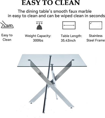 5-Piece Dining Room Table Set, Modern 36" Square Silver Glass Dining Table Set for 4, Kitchen and Dining Table Set with 4 Grey PU Leather Dining Chairs for Dining Room Kitchen