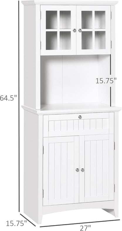 Elegant Buffet, Kitchen Pantry Storage Cabinet with Framed Glass Door Drawer and Microwave Space, White