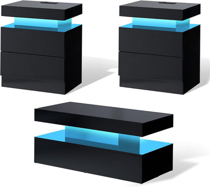 AMERLIFE High Gloss 3 Pieces Living Room Table Set, Modern LED Coffee Table Sets of 3, 2-Tier Center Table with 2 End Side Tables, LED Lights Bedside Table Nightstands with Charging Station, Black