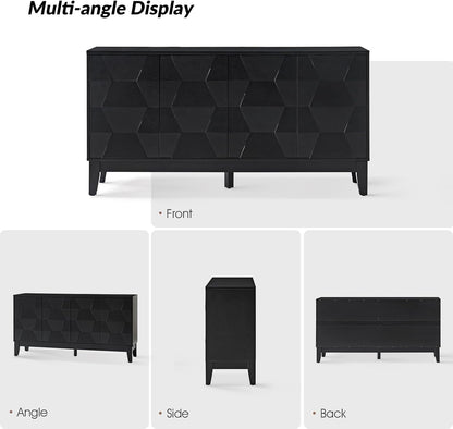 HULALA HOME Mid Century Sideboard Buffet Cabinet with Solid Wood Legs, 60" Kitchen Storage Cabinet Credenza with 4 Doors and 2 Shelves, Accent Console Table (Black)