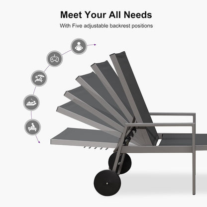 PURPLE LEAF Chaise Lounge Outdoor Set for 2 with Armrest, Grey | All-aluminum supportive armrests, effortless sitting & standing transitions, stylish design, ultimate outdoor leisure