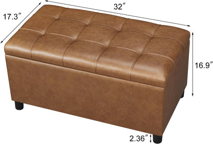 Joveco Storage Ottoman Bench, 32 Inches Faux Leather Rectangle Tufted Foot Stool for End Foot of Bed, Bedroom, Living Room,Warm Golden Brown