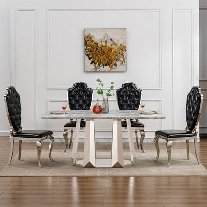 70" Rectangle Faux Marble Luxury Grey Dining Table for 6-8 People, Modern Large Kitchen Table with Silver Mirrored Stainless Steel Leg Base, Dining Table for Dining/Living Room, Office (One Table)