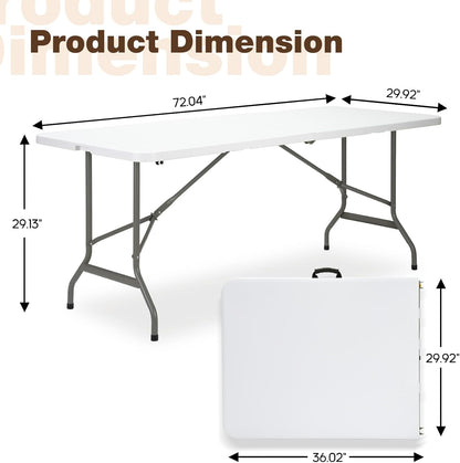 Folding Table 6ft, Heavy-Duty 500lbs Weight Capacity Foldable Table with HDPE Top & Steel Legs, Portable 6 Foot Picnic Table for Indoor Outdoor Parties, Camping, Event