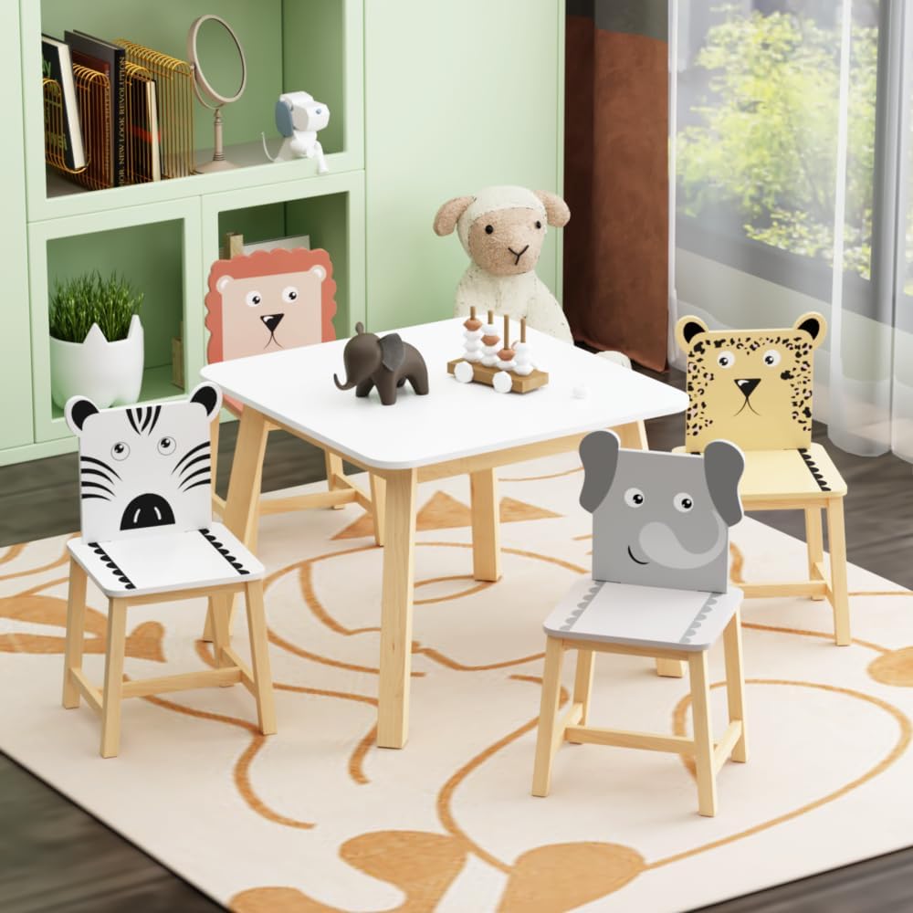 Virubi 5 PCS Wood Activity Table & Chair Set for Kids Ages 2-6 - Wooden Drawing Play Table W/ 2 Animal Chairs for Nursery, Kindergarten, Home (Colorful(5PCS))