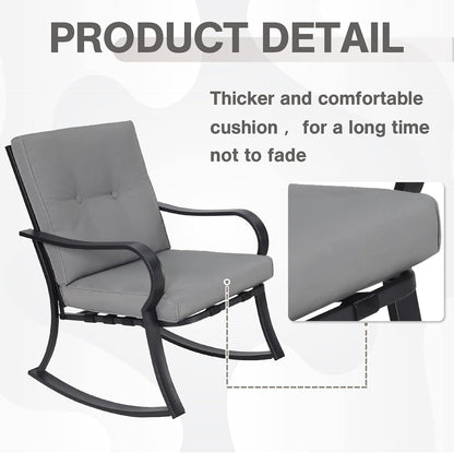 Outdoor 3-Piece Rocking Chairs, Patio Bistro Furniture Set, 2 Black Steel Rocking Chairs with Cushion and Glass Top Coffee Table (Grey)