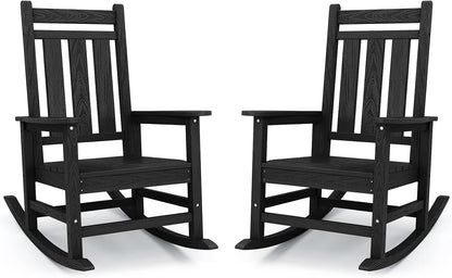 KINGYES Oversized Outdoor Rocking Chair Set of 2, HDPE Patio Rockers, Black | | All-Weather Patio Rocking Chairs for Porch | High Back & Wide Seat for Garden, Lawn