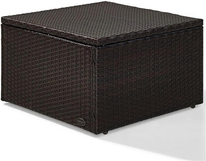 Pemberly Row Wicker Patio Ottoman, Brown Finish with Sand Cushions, Resin Wicker and Steel Frame, UV/Fade Resistant, 23" W x 23" D x 17.5" H, Outdoor Footrest for Deck, Patio, or Garden Use