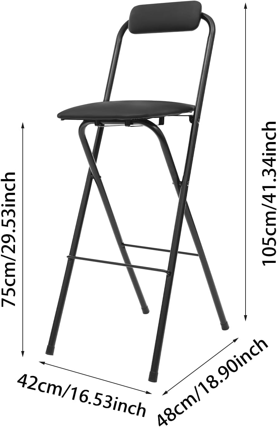 LOYALHEARTDY 2 Pcs Folding Stool, 29.5 in Folding Bar Stool with Backrest Cushioned Padded Folding Stool Portable Counter Height Bar Stool for Camping Kitchen Home Office (Black)