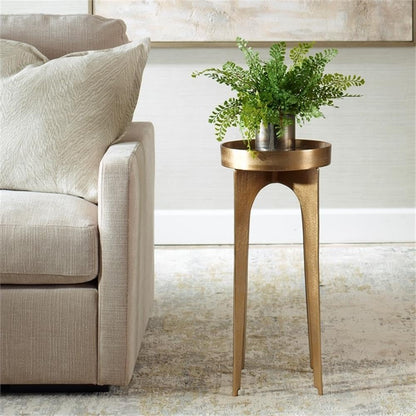 BOWERY HILL Accent Table, 24.3" H x 12.2" W x 12.2" D, Cast Aluminum, Antique Brass Finish, Round Tray Top, Elegant and Durable Design, Practical Living Room or Entryway Furniture