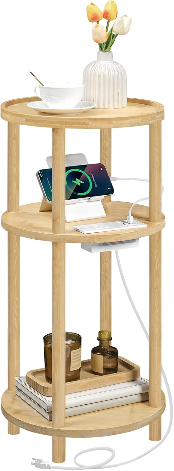 HOOBRO Small Round Side Table with Charging Station, 3-Tier Round Bamboo End Table, Compact Sofa Bedside Table for Small Space, Easy Assembly, for Living Room, Bedroom, Apartment, Natural YL152UBZ01