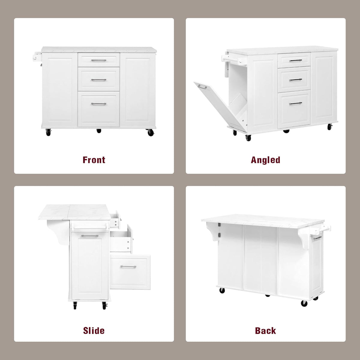 50.7" Kitchen Island with Drop Leaf Storage for Trash Can White