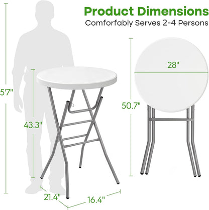 VECELO 28" Round Cocktail Table, Folding Bar Height Table with Removable Legs, 43.3" Tall Portable Plastic Bistro High Top for Indoor Outdoor Wedding Events, Patio, Backyard, Home Parties, White