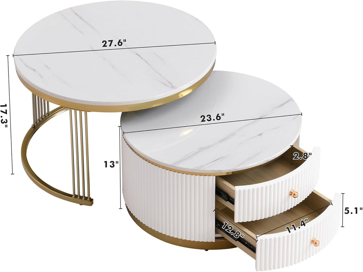 Modern 2 Pieces White Round Nesting Coffee Table with Drawers in 27.6''