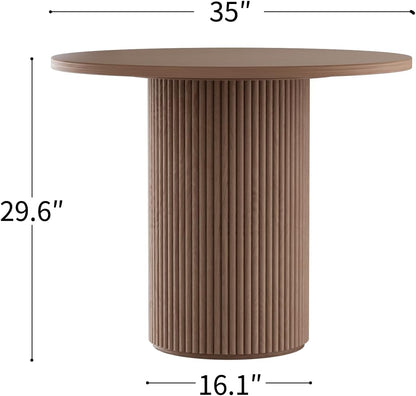 Modern Round Pedestal Dining Table with Solid Wood Base, 35'' Fluted Walnut Table for Kitchen or Small Dining Space
