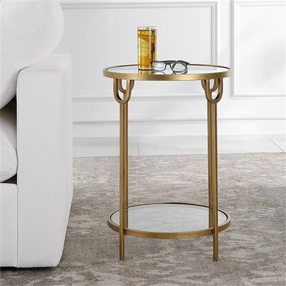 BOWERY HILL Round Two-Tier Iron Accent Table, Antique Gold Finish, Mirrored Top and Tempered Glass Shelf, 24.25" H x 17.25" W x 17.25" D, Elegant Design for Living Room or Bedroom Decor