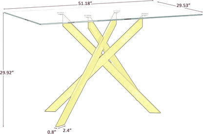 Gold Glass Dining Table for 4 Modern 51.2" Rectangular Kitchen Dining Room Table for 4 with X-Shape Metal Base Large Clear Glass Top Dining Tables for Home Kitchen