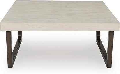 Signature Design by Ashley Westenfort 2-Piece Square Coffee Table Set | Square coffee table and end table sets with light gray faux cement melamine laminate tops, Dark espresso brown hardwood legs