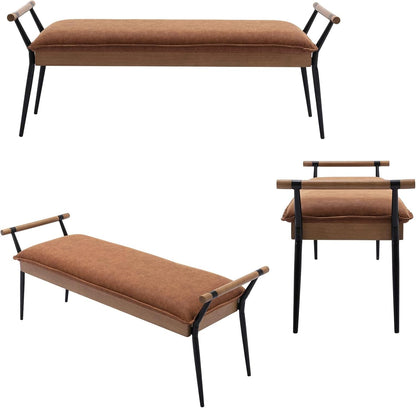 DUOMAY Modern Rectangle Ottoman Bench with Arms and Metal Legs, Mid Century PU Dining Table Bench Footstool Entryway Shoe Bench for Dining Room Bedroom Living Room, Brown