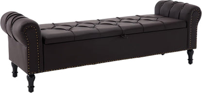 Faux Leather Storage Bench 67 Inch Upholstered Tufted Ottoman Bench with Arms Large Storage Space King Size End of Bed Bench for Bedroom Living Room Entryway Whiskey Coffee