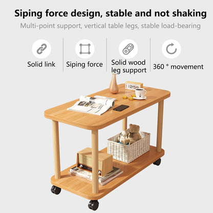 2-Tier End Table with Wheels, Compact MDF Wooden Bedside Nightstand Simple Side Table 150Lbs Narrow End Tables for Small Spaces Bedroom Living Room Entryway Wooden Color