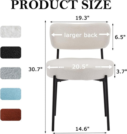 Boucle Dining Chair Set of 2, Mid Century Modern Upholstered Kitchen Chairs with Curved Backrest & Black Metal Legs, Round Dining Room Chairs, White