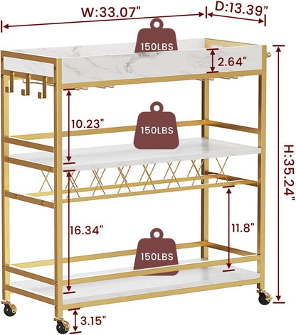 BON AUGURE Gold Bar Cart on Wheels for Home with Wine Rack & Glass Holders | 3-Tier, Rolling Serving Cart for liquor, Wine and Beverages, Lockable Mobile Wheels for Home Bars, Faux Marble+ Gold Frame