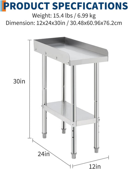 Equipment Grill Stand Table 12x24x30 Inch Stainless Steel NSF Certified 400 Lbs Capacity with Adjustable Legs, 2" Edge Baffle, for Hotel, Home, Commercial Restaurant Kitchen