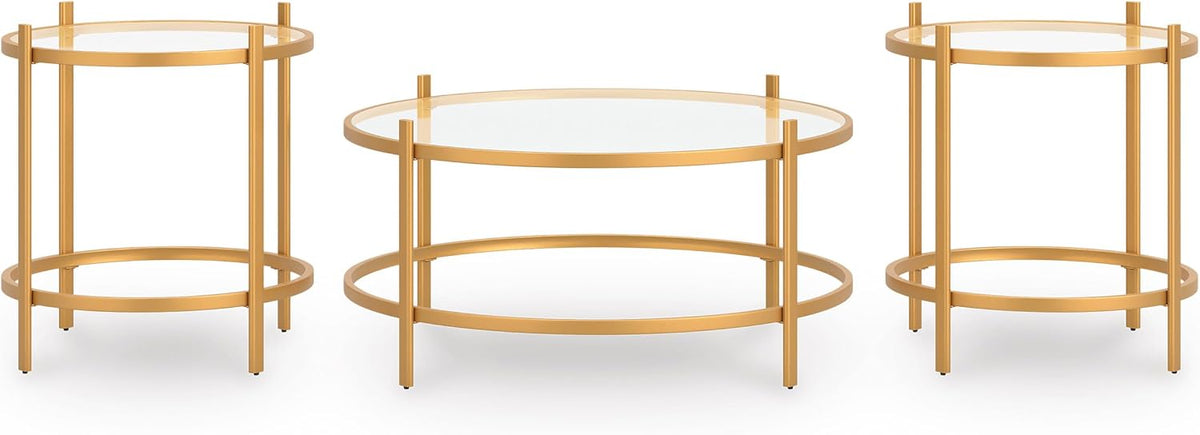 GTU Furniture Casual Glass Square 3-Piece Coffee Table Set, Cocktail Table with 2 Matching End Tables, Gold Finish for Living Room