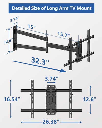 FORGING MOUNT Corner TV Wall Mount Long Arm TV Mount for 32-75 inch TVs | Single Stud Full Motion Articulating TV Bracket with 33” Extension, Swivel Tilt, Max VESA 600x400mm, Holds up to 100 lbs