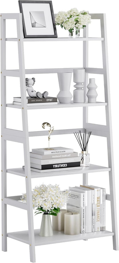 HITNET Ladder Shelf, 4 Tier Bookshelf, Floor Standing Bathroom Storage Rack with Bamboo Frame, Home Office Open Display Bookcase, White