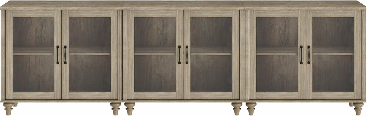 WAMAPT Farmhouse Sideboard Credenza with 6 Glass Doors, Large Coffee Bar Table with Adjustable Shelf, Wood Kitchen Storage Cabinets, Modern Buffet Cabinet for Dining Room, Grey, 101"