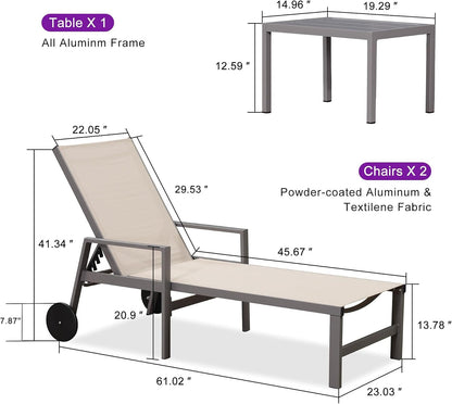 PURPLE LEAF Chaise Lounge Outdoor Set for 2 with Armrest, Khaki | All-aluminum supportive armrests, effortless sitting & standing transitions, stylish design, ultimate outdoor leisure