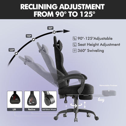 Soontrans Black Velvet Fabric Gaming Chairs with Footrest, Ergonomic Comfortable Video Gamer Chair, Reclining Office Computer Desk Game Chairs with Massage Lumbar Cushion,Headrest for Adult