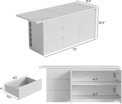 homary Kitchen Island with Storage & Wine Rack, 72" Modern White Kitchen Cabinet with Wood Top, Large Fixed Island with 3 Drawers & 6 Adjustable Shelves, Without Bar Stools