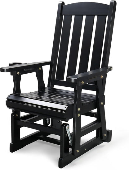VINGLI Outdoor Glider Chair Wood Patio Glider with Cup Holder, Porch Glider with Smooth Rocking Mechanism, Heavy Duty 600 LBS, Black