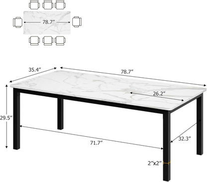 79 Inch Industrial Dining Table, Large Rectangle Kitchen Table with Metal Legs, Round Corners, Wooden Conference Tables Writing Desk for Dining Room, Living Room, White Faux Marble