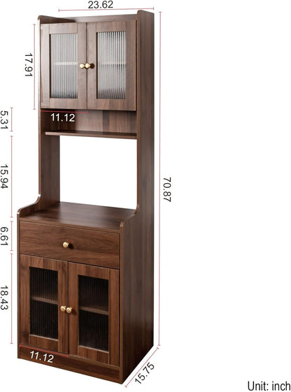 KEIKI 70.87" Tall Kitchen Pantry Storage Cabinet with Countertop, Glass Doors, Drawers, Microwave Stand and Shelves, Freestanding Wood Hutch Food Pantries Buffet Cupboard for Coffee Bar, Dining Room