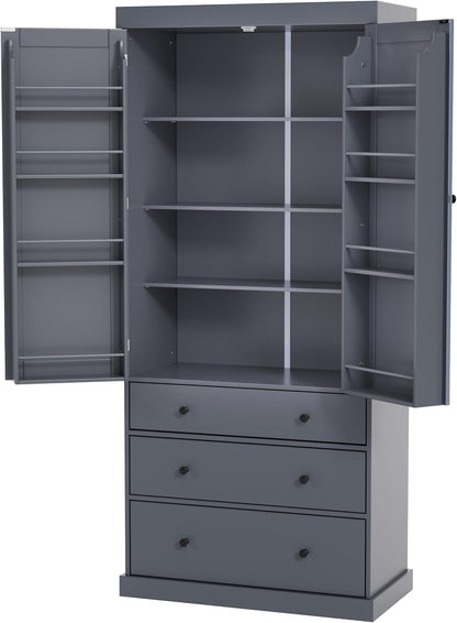 Bellemave Large Kitchen Pantry Freestanding Cupboard Storage Cabinet with 3 Adjustable Shelves, 8 Door Shelves, 3 Drawers High Kitchen Buffet Cabinet for Living Room, Kitchen (Grey)