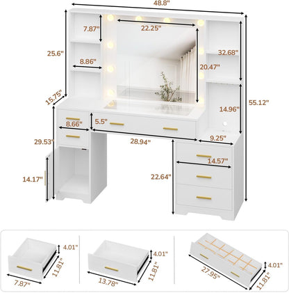 Hasuit 48.8'' Large Vanity Desk with Lighted Mirror & Power Outlet, White Makeup Vanity Table with 6 Drawers, 4 Shelves and 1 Storage Cabinet, Glass Tabletop Bedroom Dressing Table, 3 Lighting Modes