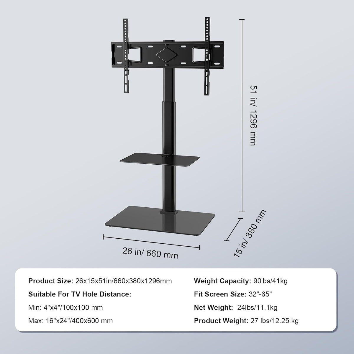 VEVOR TV Stand Mount, Adjustable Swivel Floor Stand for 32-65 Inch TVs, Portable with Tempered Glass Base, Height Adjustable for Living Room or Bedroom