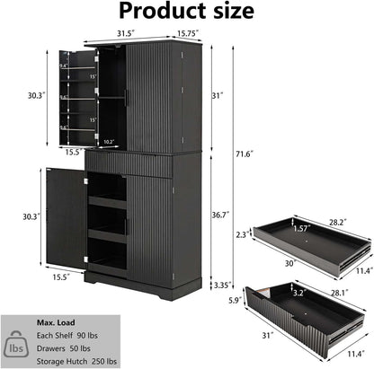 72" Fluted Kitchen Pantry Cabinet with Anti-Tip Safety, Free Standing Versatile Storage Cabinet with Drawers and Adjustable Shelves for Kitchen, Living Room, Dining, Office (Black)